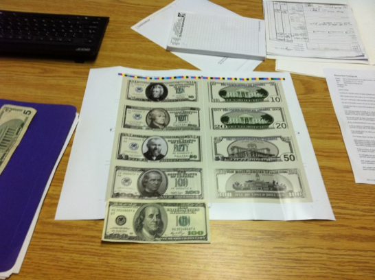 Our test sheet compared to an actual $100.00 bill